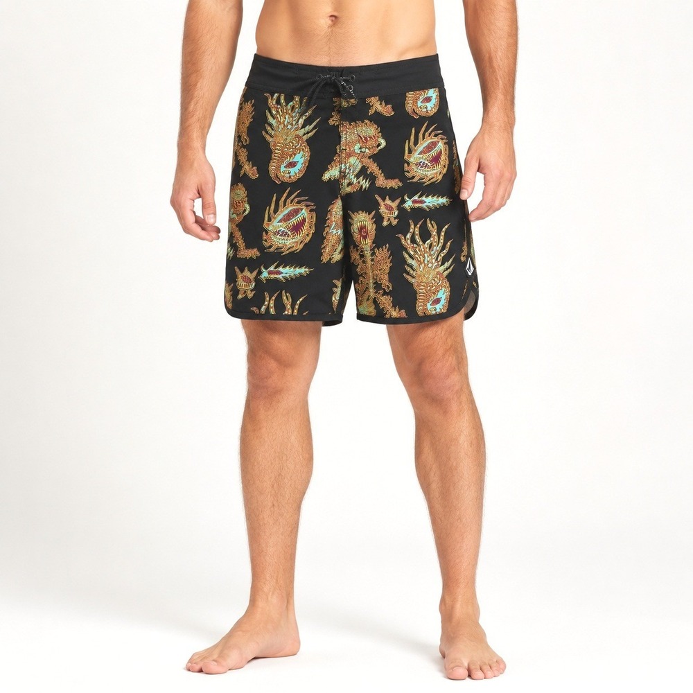 Volcom Mod Tech Board‎ Shorts 26 Black Psychedelic Sea Monster Surf Swim Trunks
